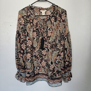 Sundance Womens Medium 100% Silk Black Colorful Floral Ruffle Blouse Long Sleeve